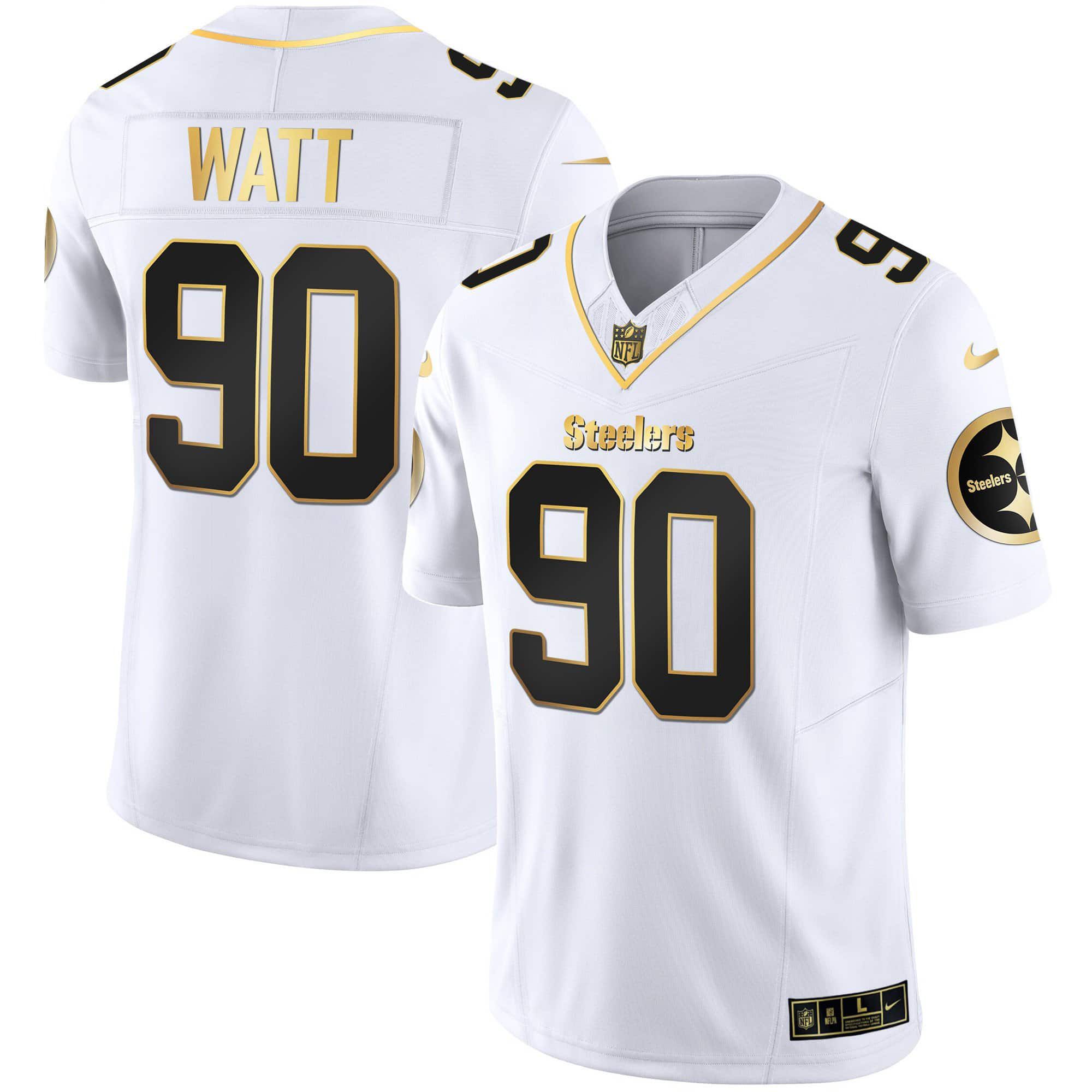 Men Pittsburgh Steelers #90 Watt White Gold 2024 Nike Vapor Limited NFL Jersey
